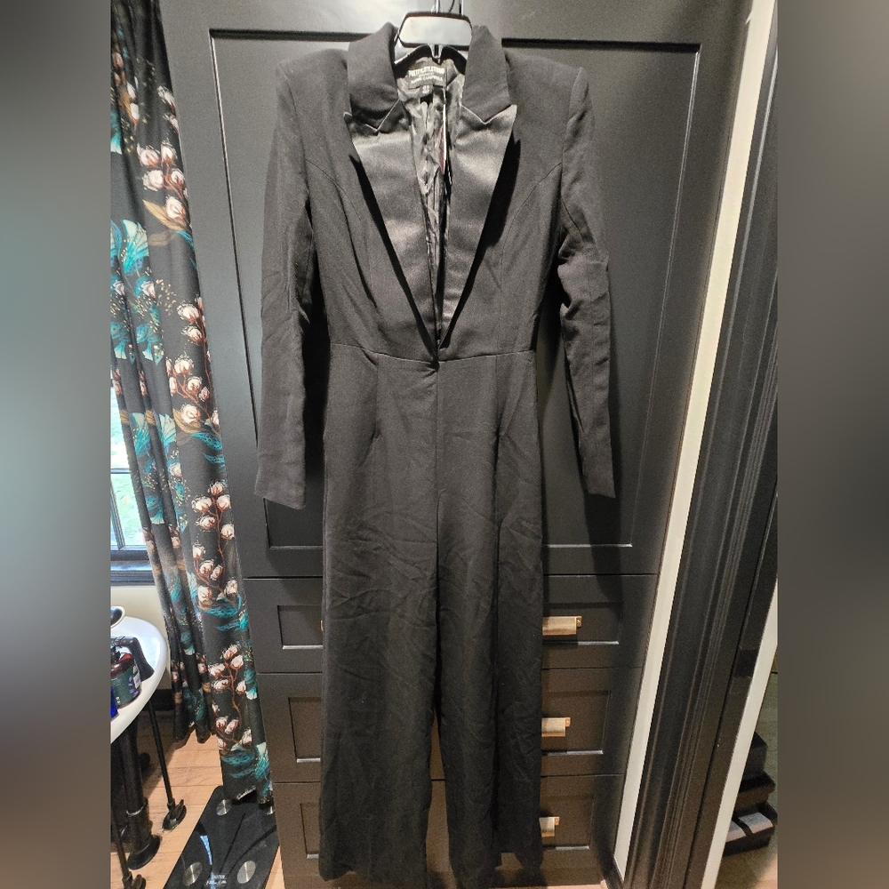 PrettyLittleThing Satin Lapel Black Jumpsuit